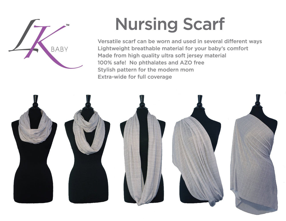 LK Baby Infinity Nursing Scarf in light grey pattern pairs with any outfit.