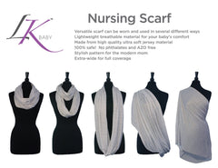 LK Baby Infinity Nursing Scarf in light grey pattern pairs with any outfit.