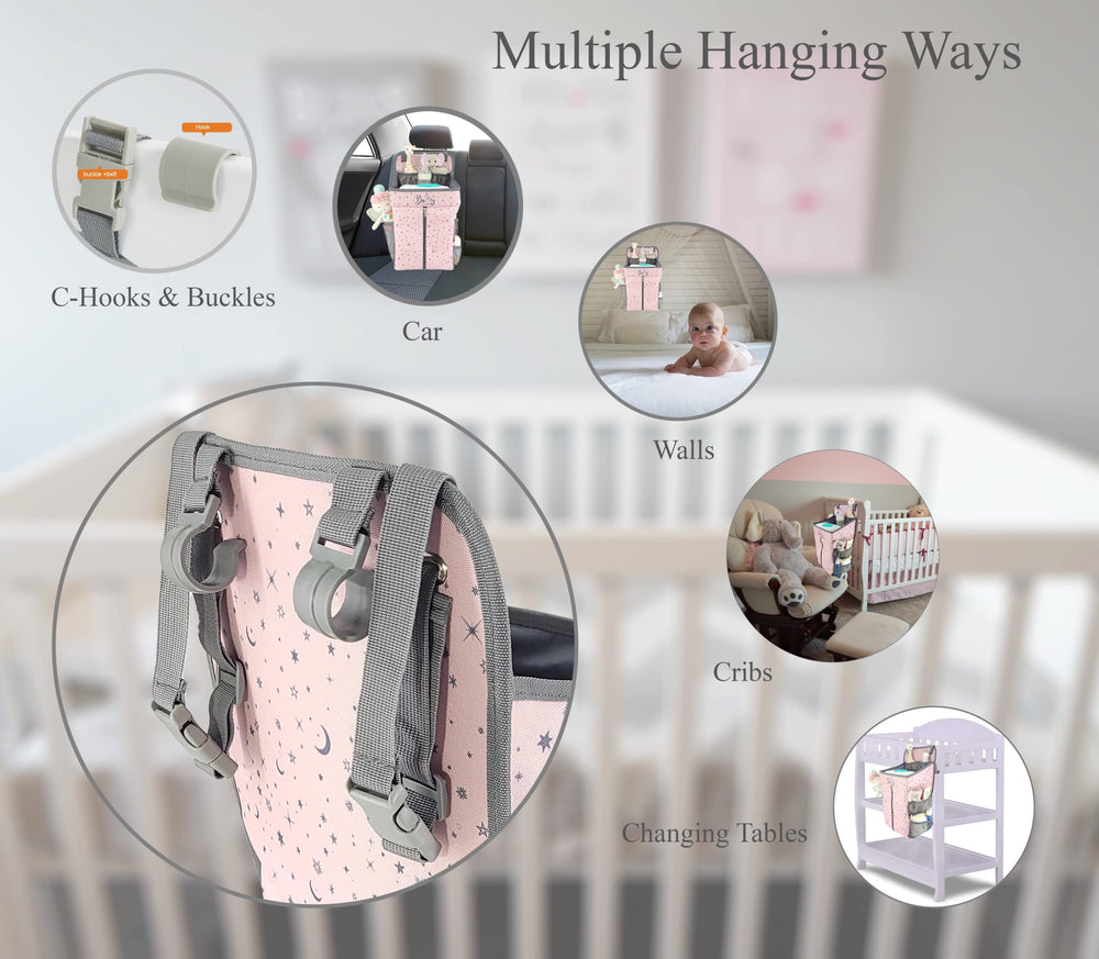 Llama Bella diaper caddy with toy, towel, and diaper compartments for quick access.
