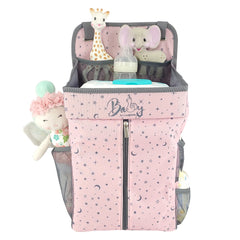 Llama Bella Hanging Diaper Caddy pink closeup highlights durable fabric and upright stability.