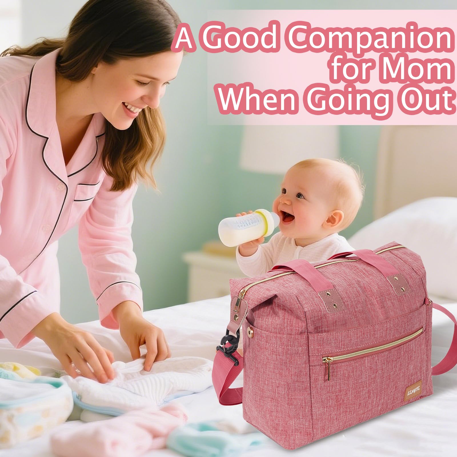 LLNYFL Diaper Tote Pink stroller attachment option for hands-free outings