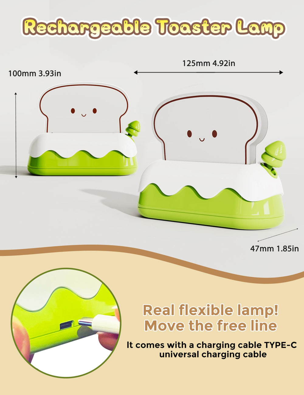 L LOHAS LED toaster night light placed on bedside or desk for versatile use.