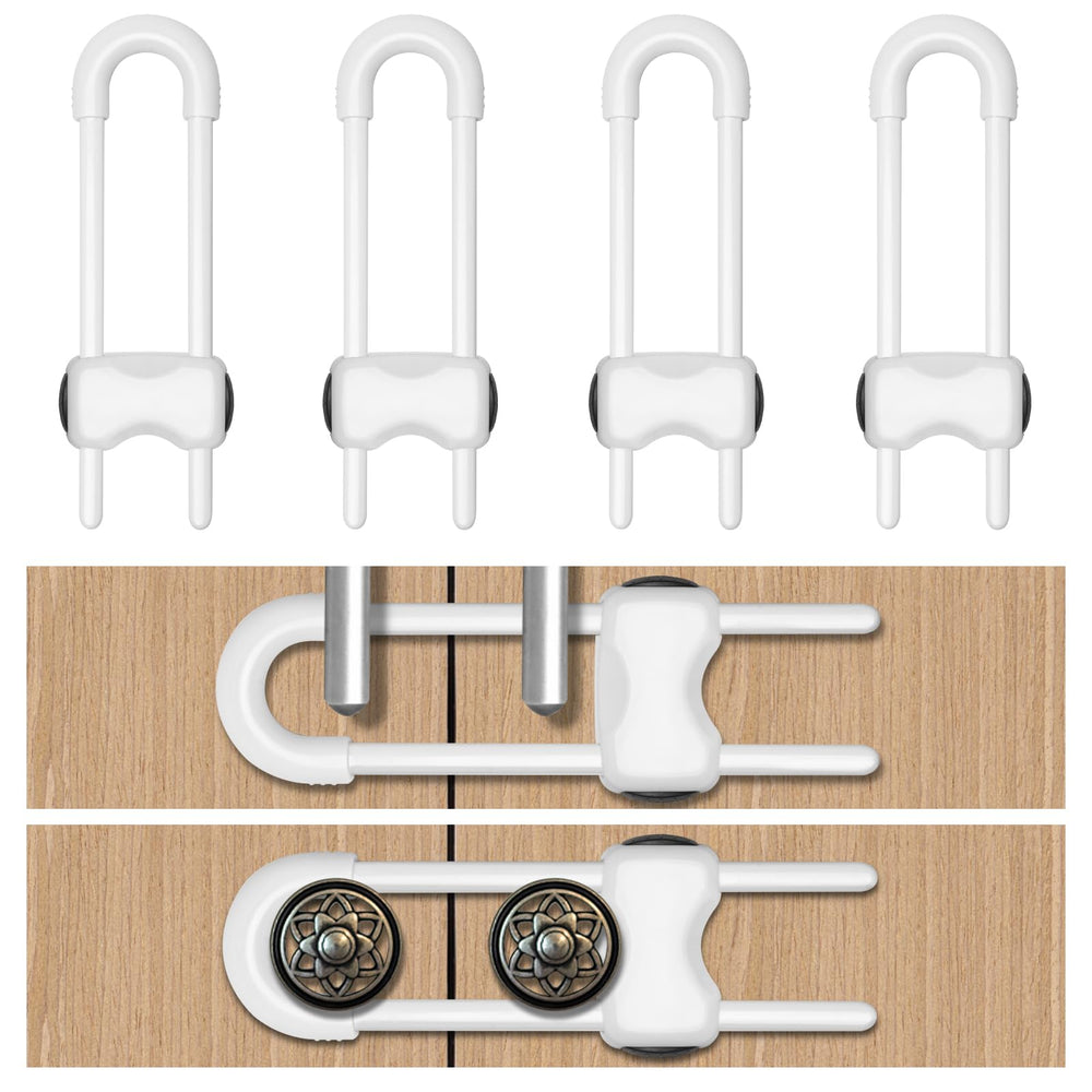 LLOOC cabinet locks pack in white for babyproofing and pet safety.