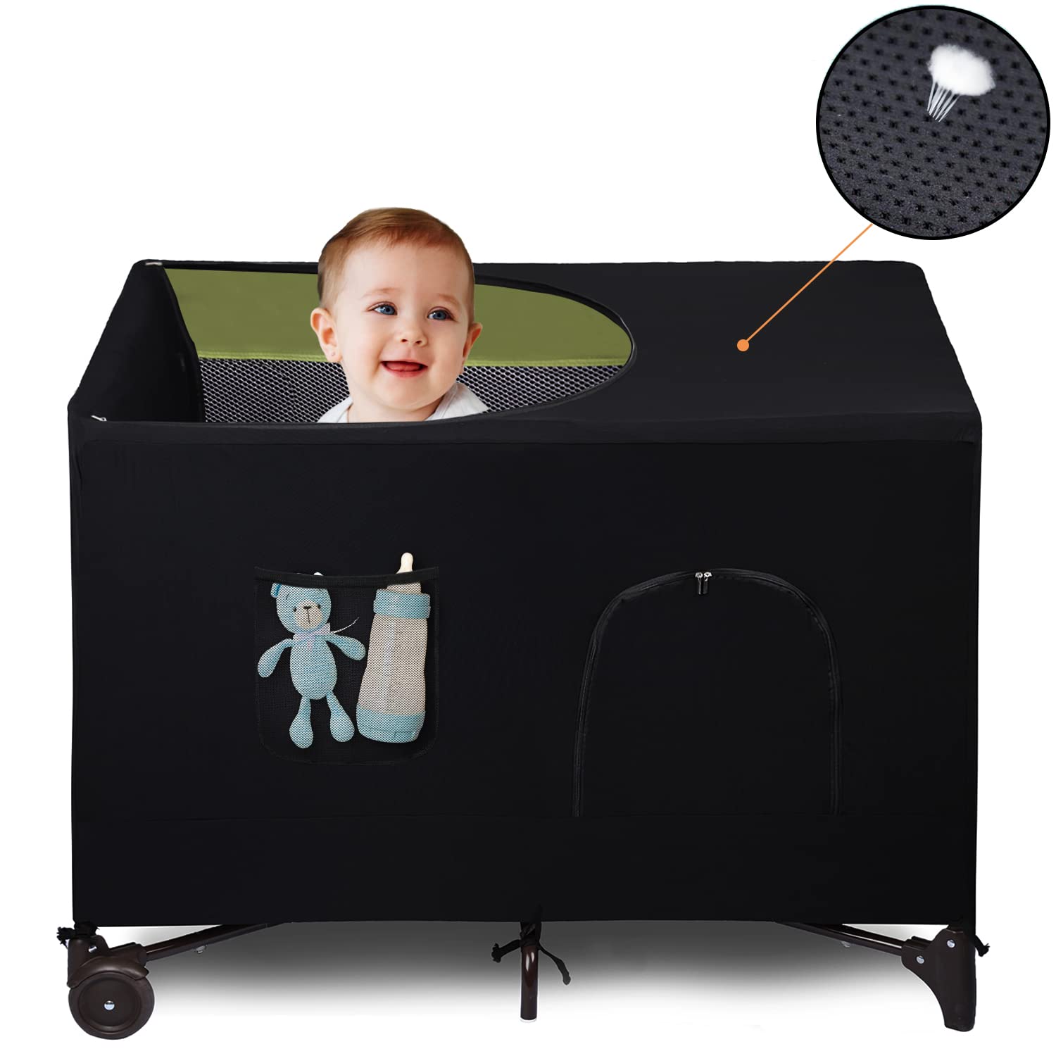 LLYWCM crib blackout cover folded for compact travel and storage