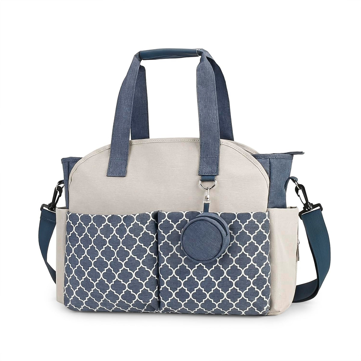Lmbabter diaper bag tote blue-beige full setup showing organized baby essentials during travel
