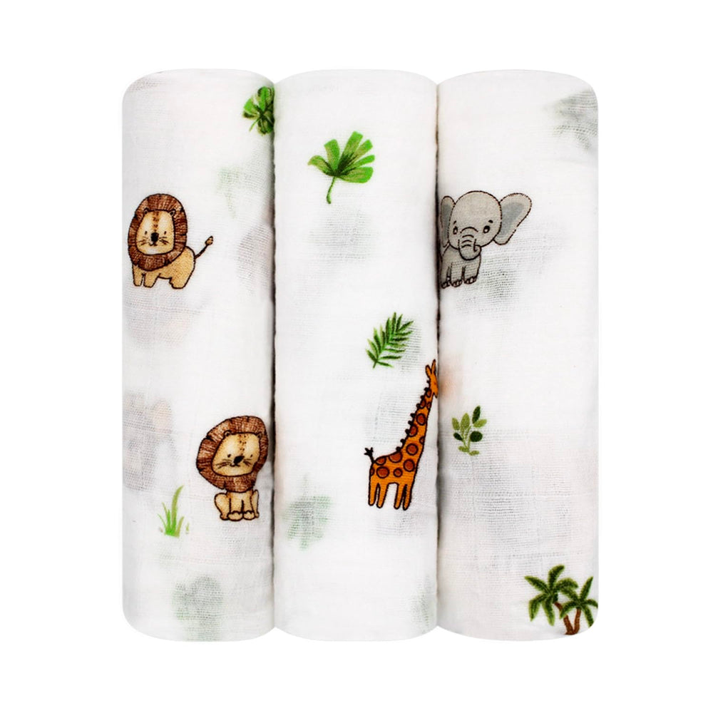 LMED Babyland safari pattern 3-pack cloths provide soft, breathable care for newborns.
