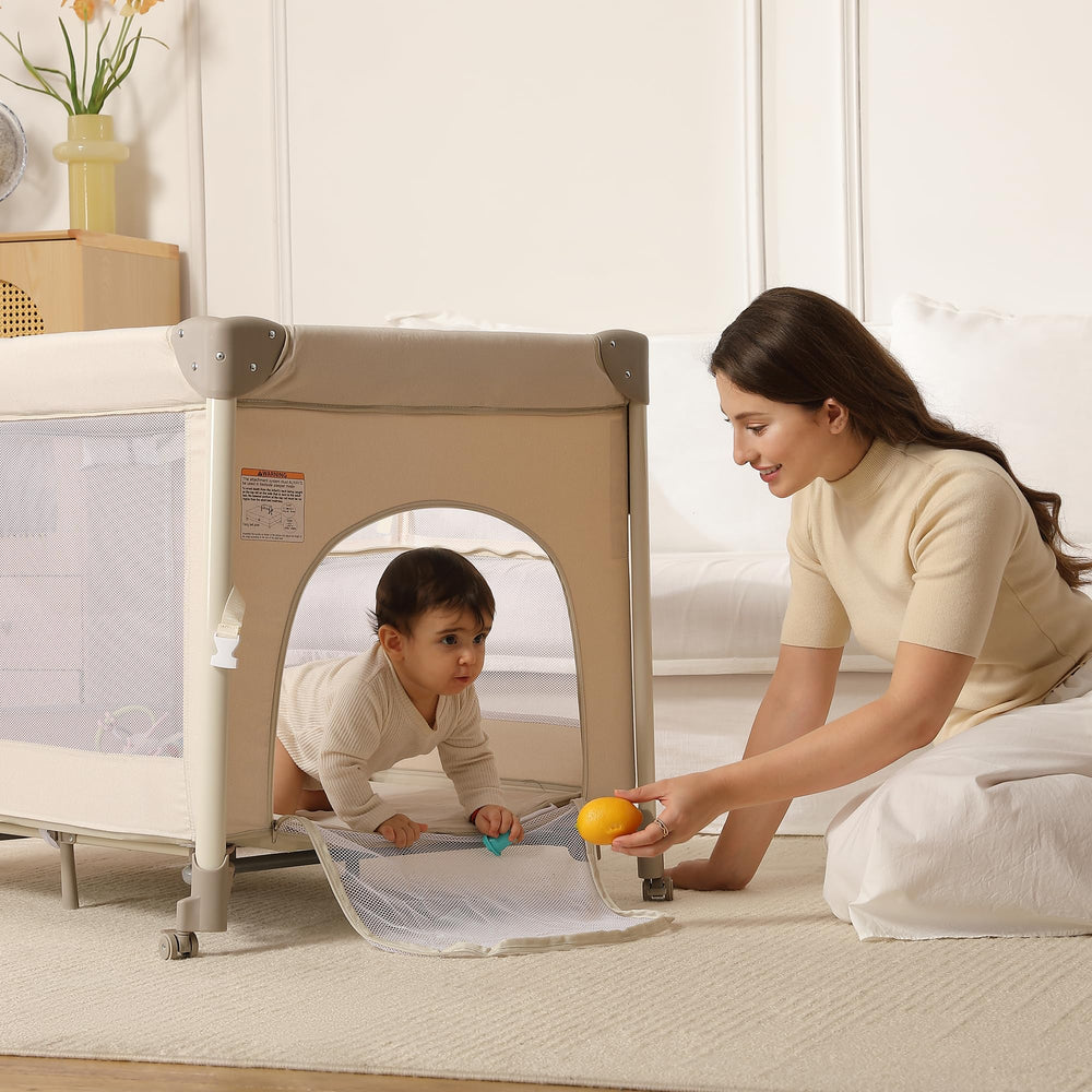 LMOTAU Pack and Play detachable changing pad streamlines diaper changes.