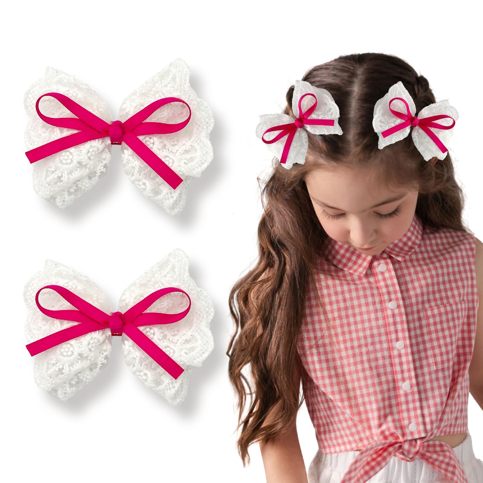 LMYMHMLM lace hair bows in white and hot pink for versatile styling