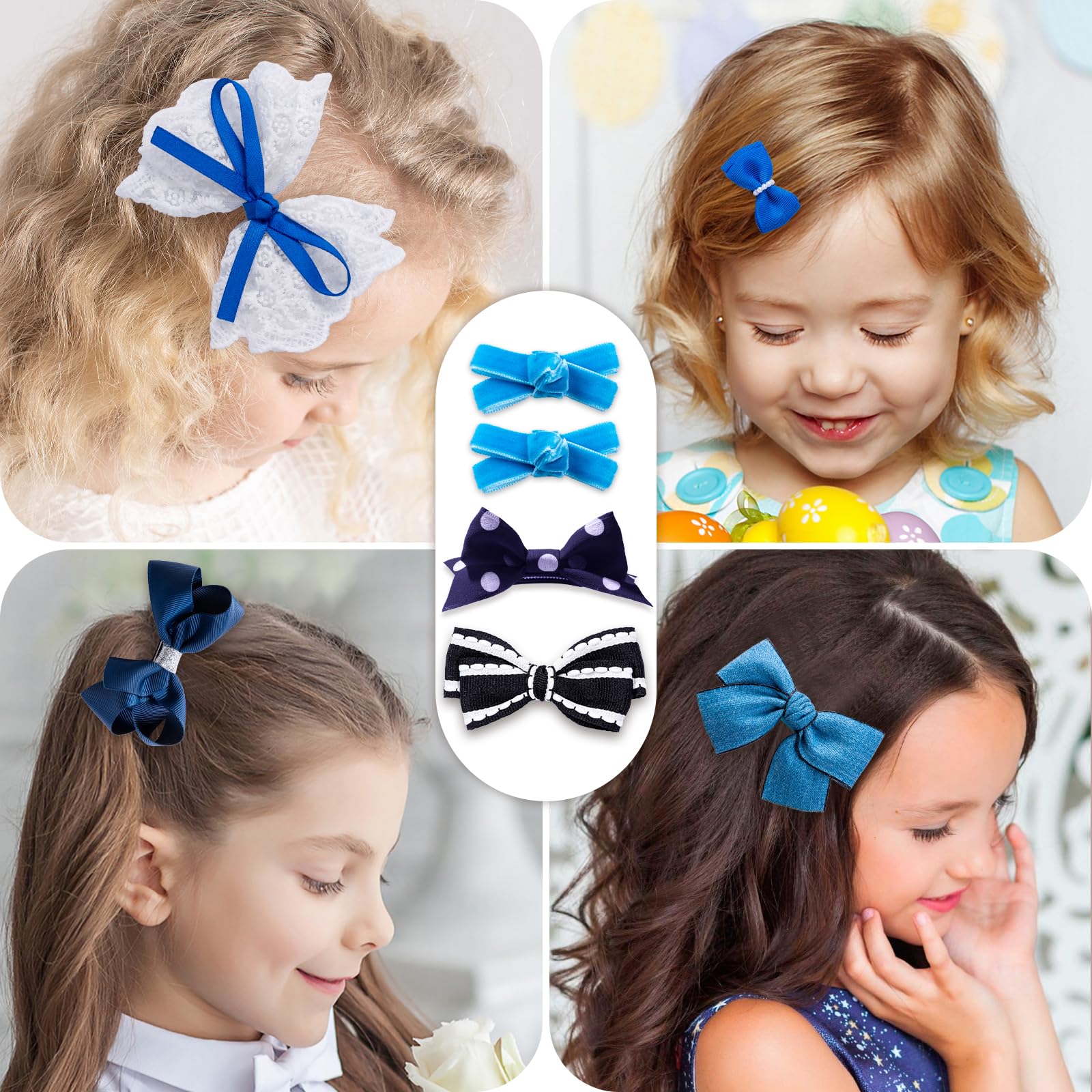 LMYMHMLM blue hair bows with elastic ties for versatile looks.