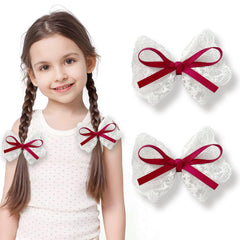 LMYMHMLM lace hair bows in white and burgundy with a secure alligator clip for daily wear.