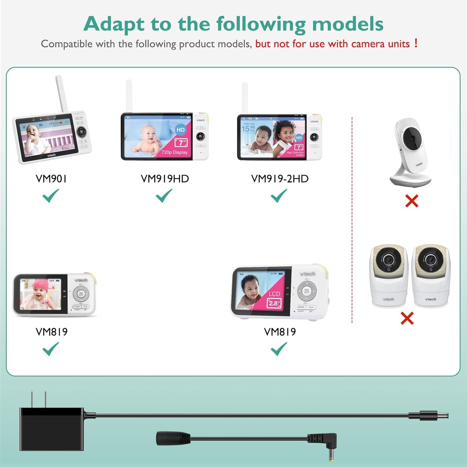 Lnauy power cord for VTech VM919-2HD cable connection keeps the monitor powered on.