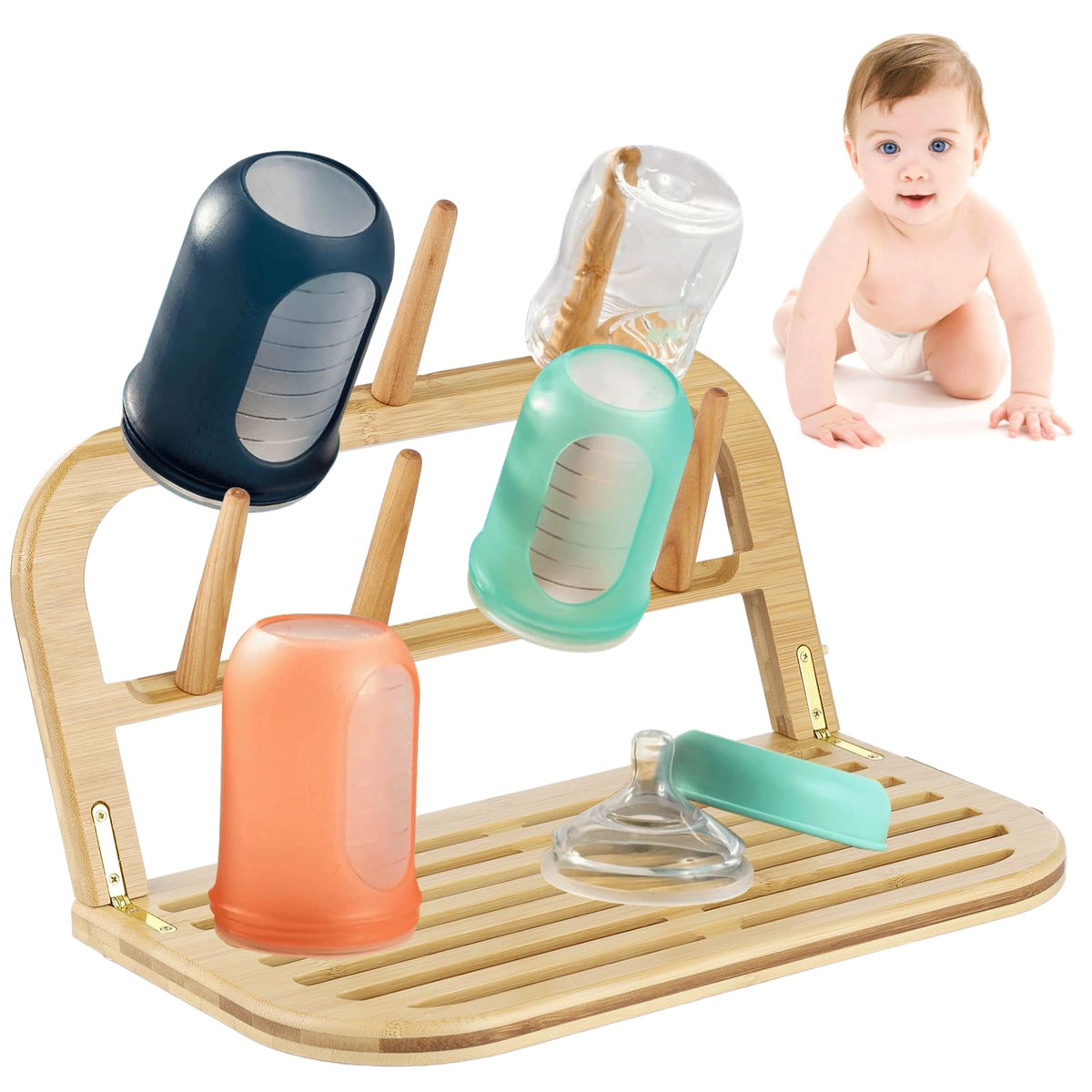 Lnrueg bamboo baby bottle drying rack foldable design for travel