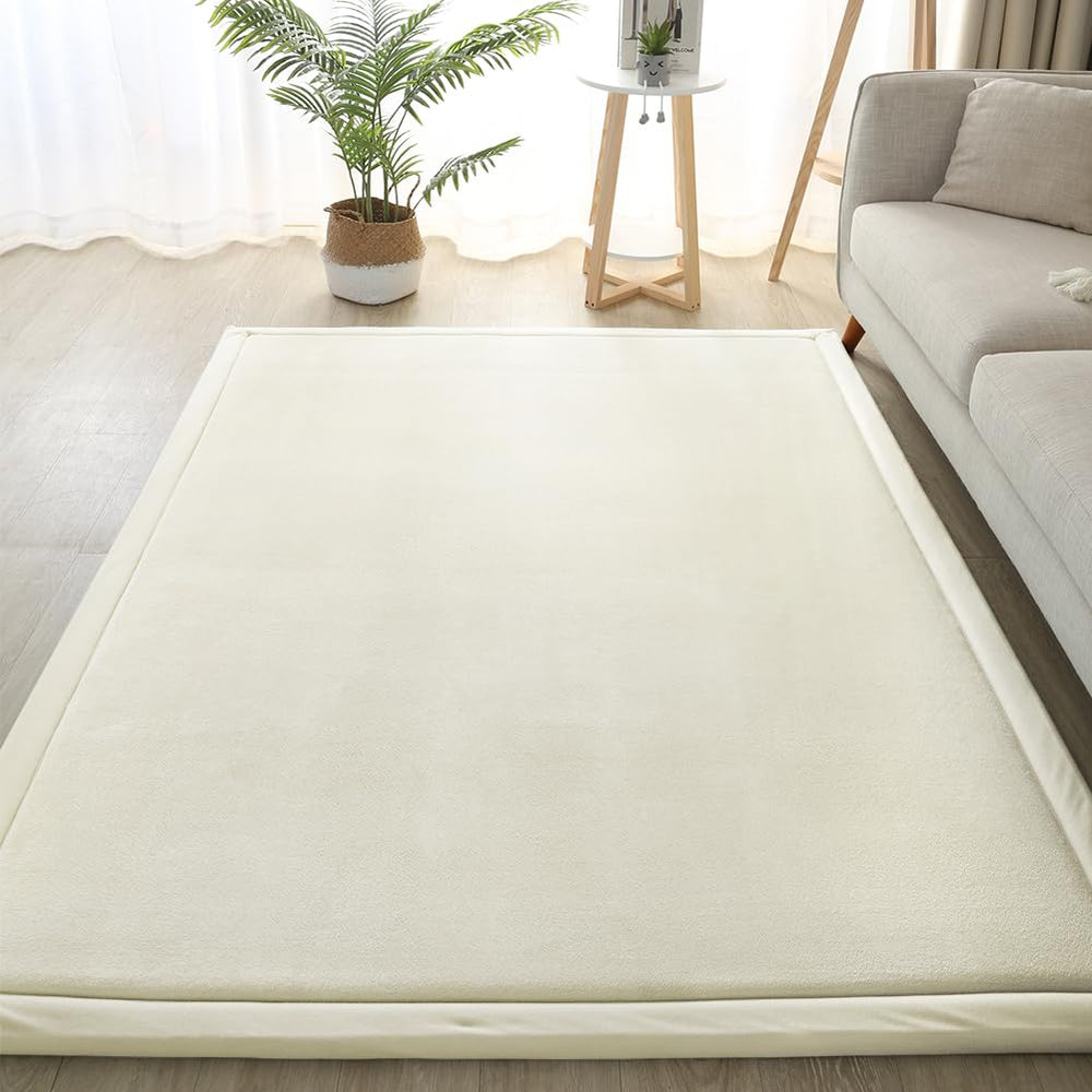 Loartee Coral Velvet Crawling Rug beige play-area scene demonstrates ample space for toddlers.