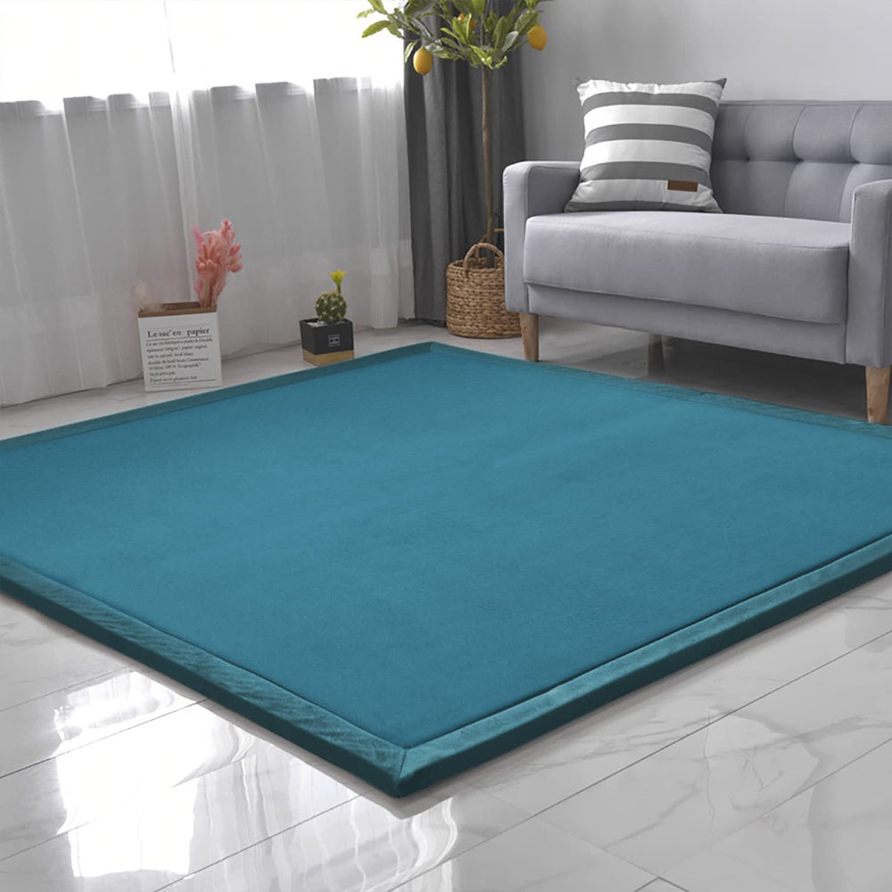 Loartee Coral Velvet Crawling Rug blue large play area highlights generous space for shared toys.
