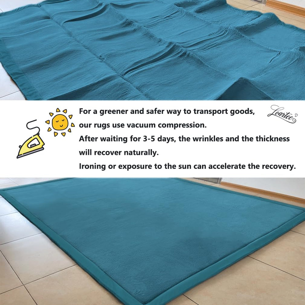 Loartee Coral Velvet Crawling Rug blue spread demonstrates generous room for movement and toys.