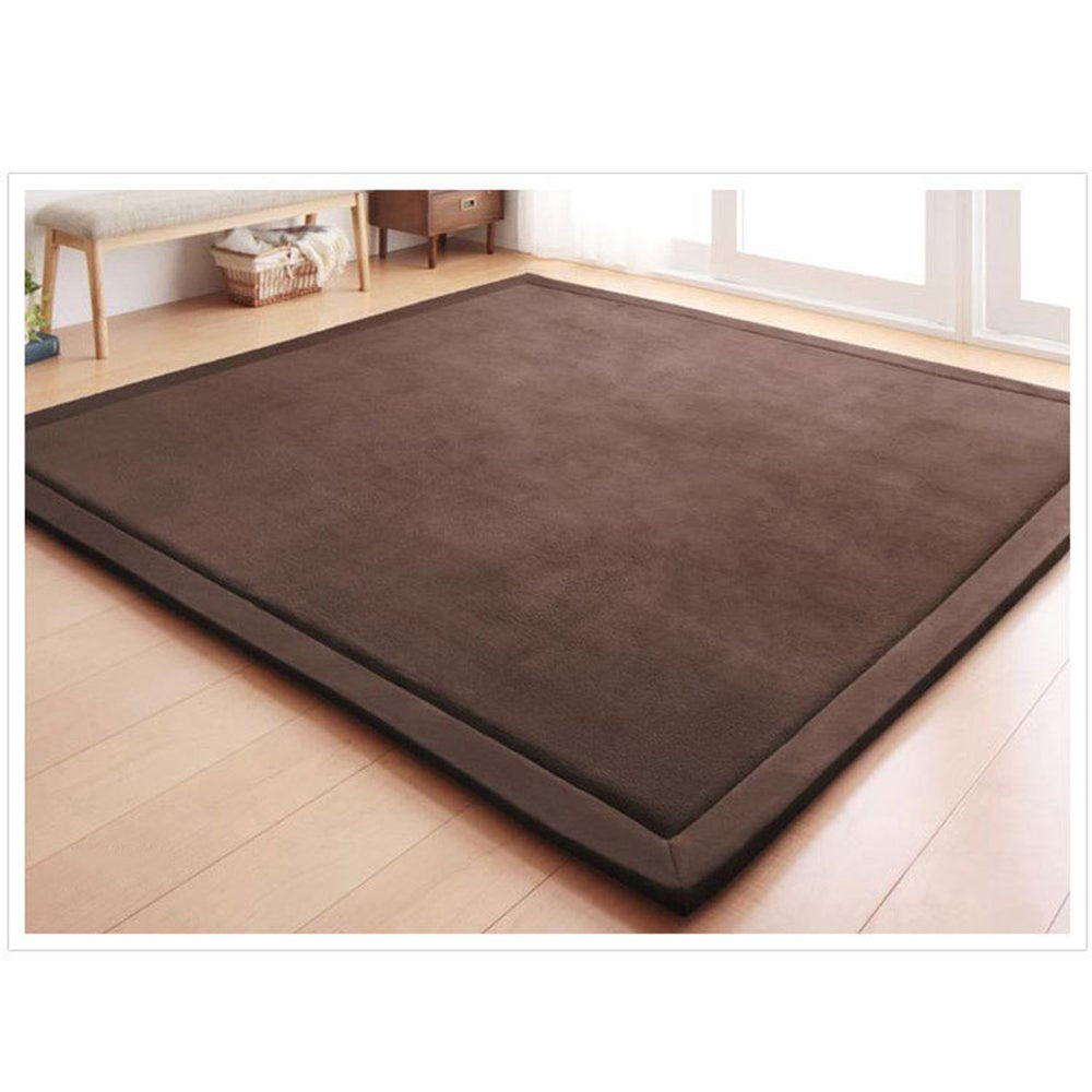 Loartee Coral Velvet Crawling Rug coffee full room layout shows cozy play area.