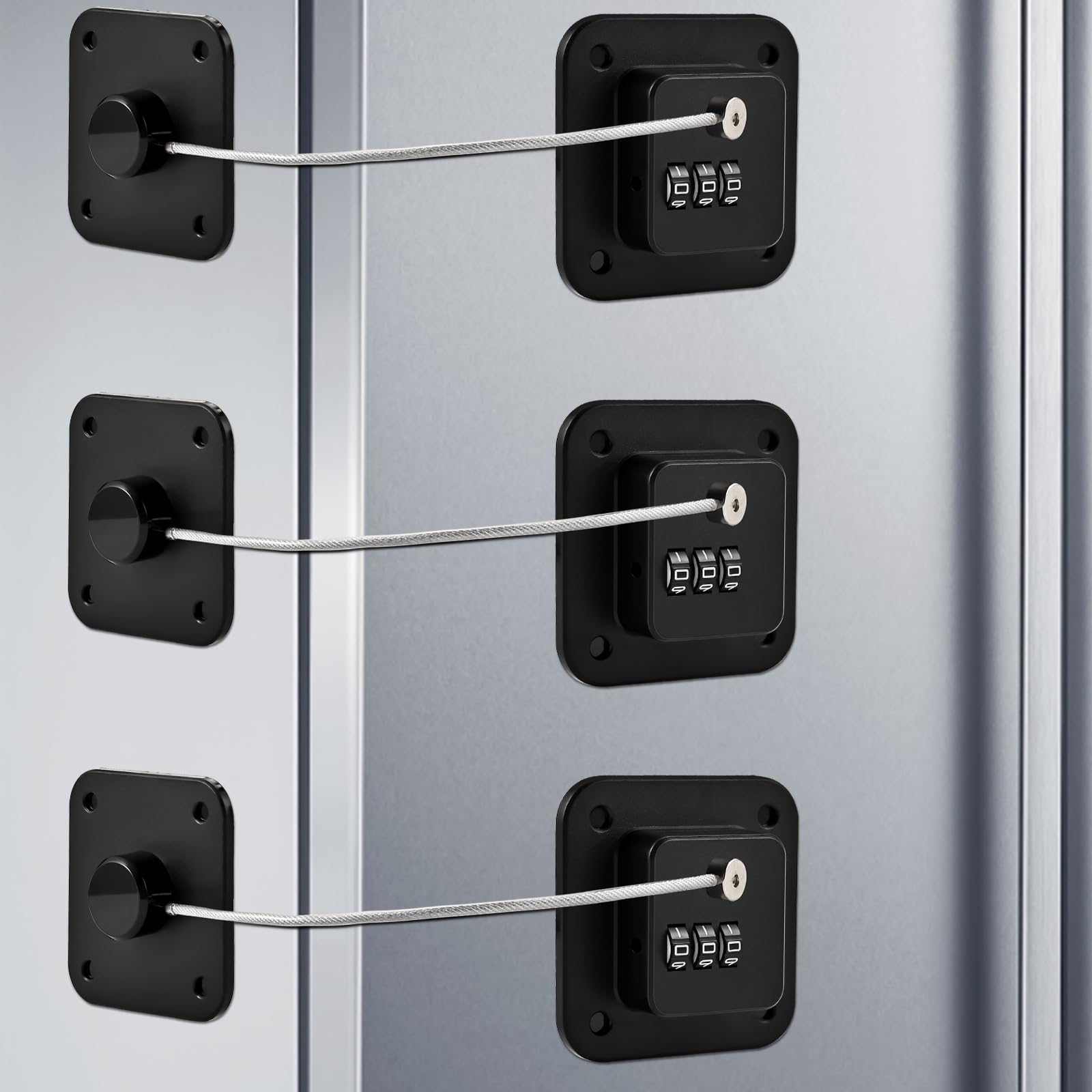 Locilot fridge lock 3-pack full set secures a kitchen fridge with child-safe accessibility.