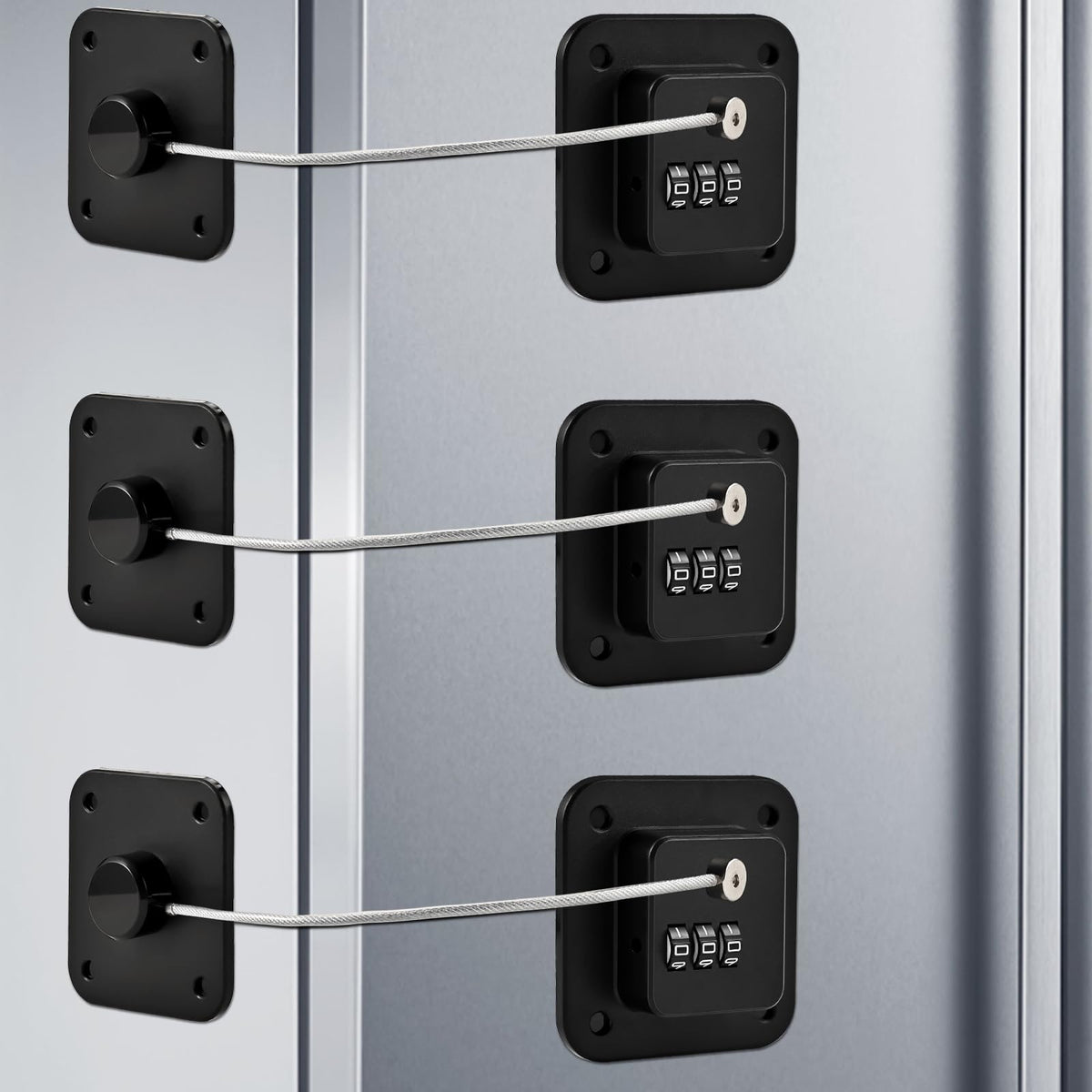 Locilot fridge lock 3-pack full set secures a kitchen fridge with child-safe accessibility.