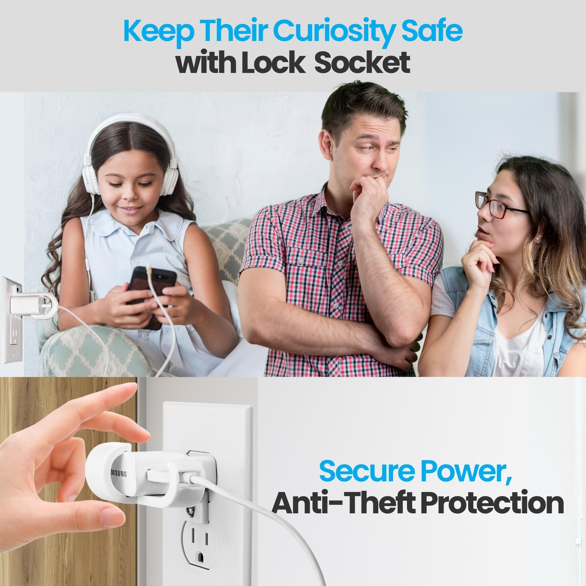 LOCK SOCKET discreet-design blends with décor while keeping chargers secure in any room