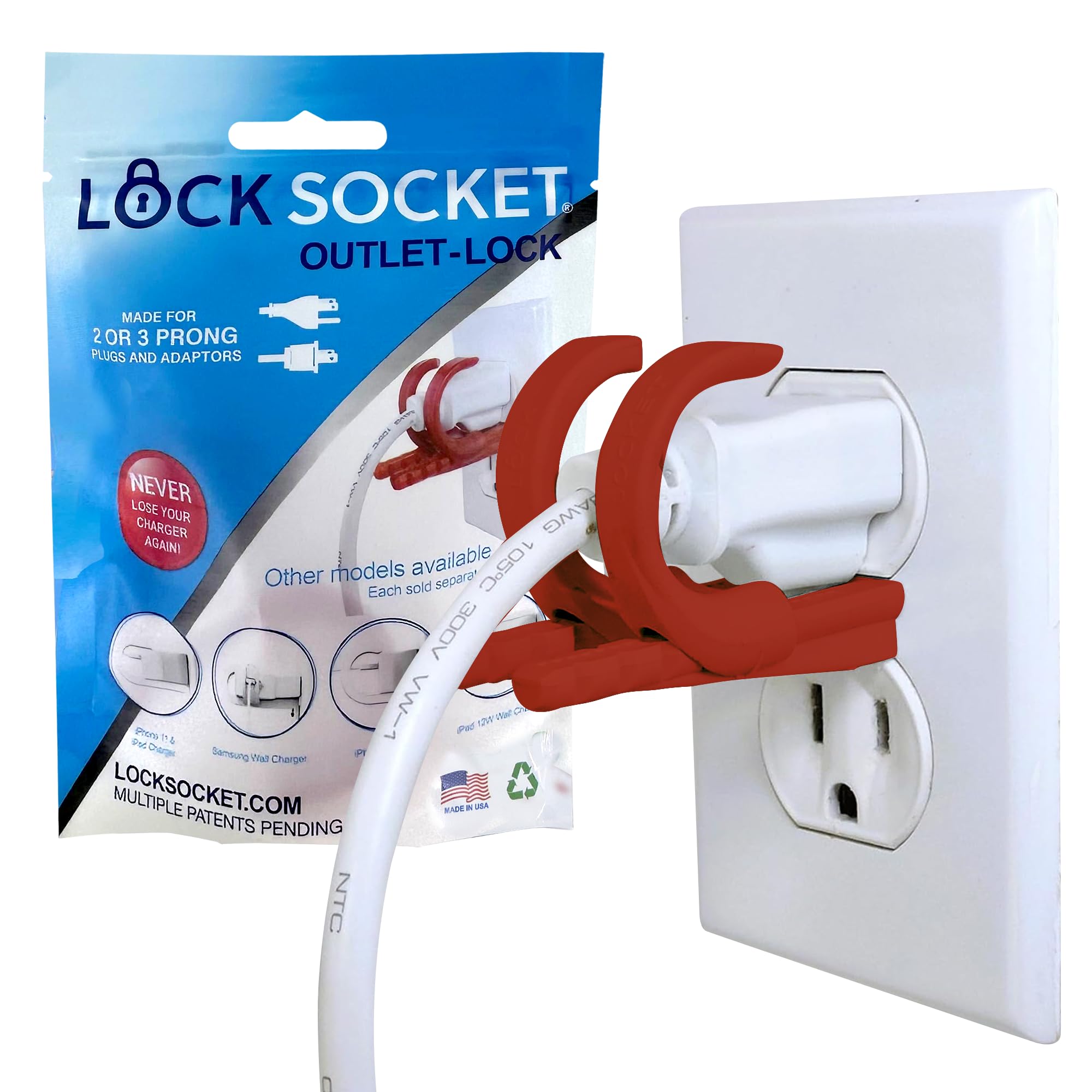 Lock Socket red outlet lock closeup illustrating secure plug protection against tampering