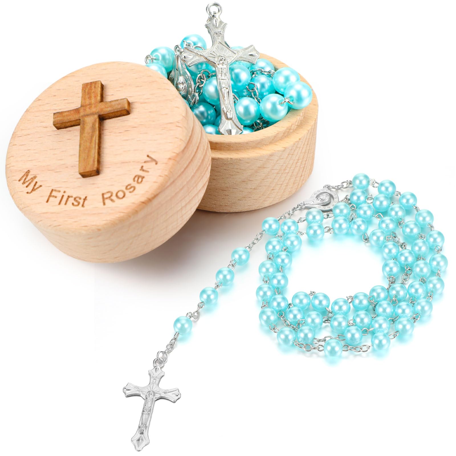 Loetere Baptism Gifts blue packaged rosary, ready for gifting and keepsake storage.