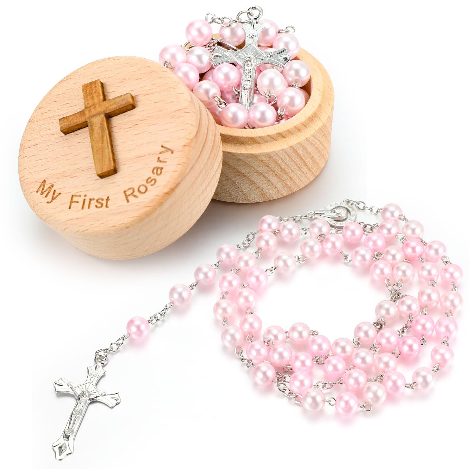 Loetere Baptism Gifts rosary pink box shown as a compact keepsake for baby showers and first communion.