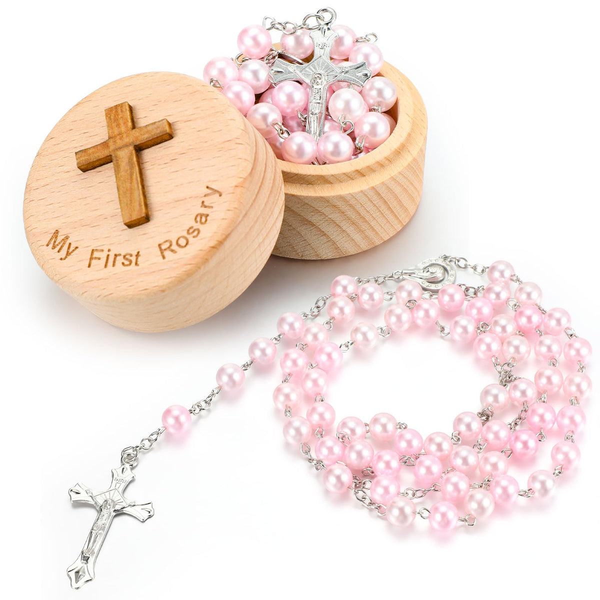 Loetere Baptism Gifts rosary pink box shown as a compact keepsake for baby showers and first communion.