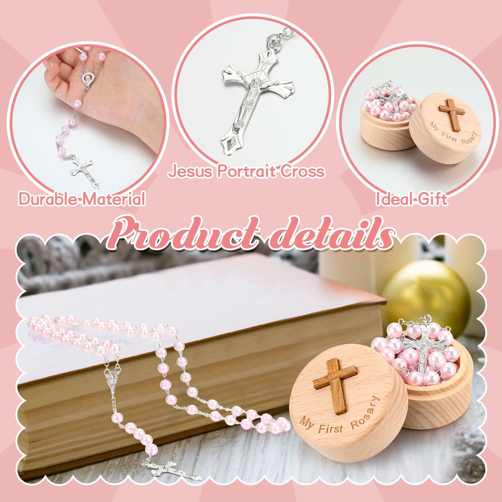 Loetere My First Rosary pink beads highlighting delicate glass beads for a meaningful gift.