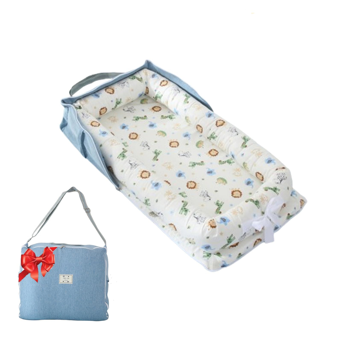 Loevin Baby Lounger Animal World Blue fabric close-up highlights soft breathable cotton