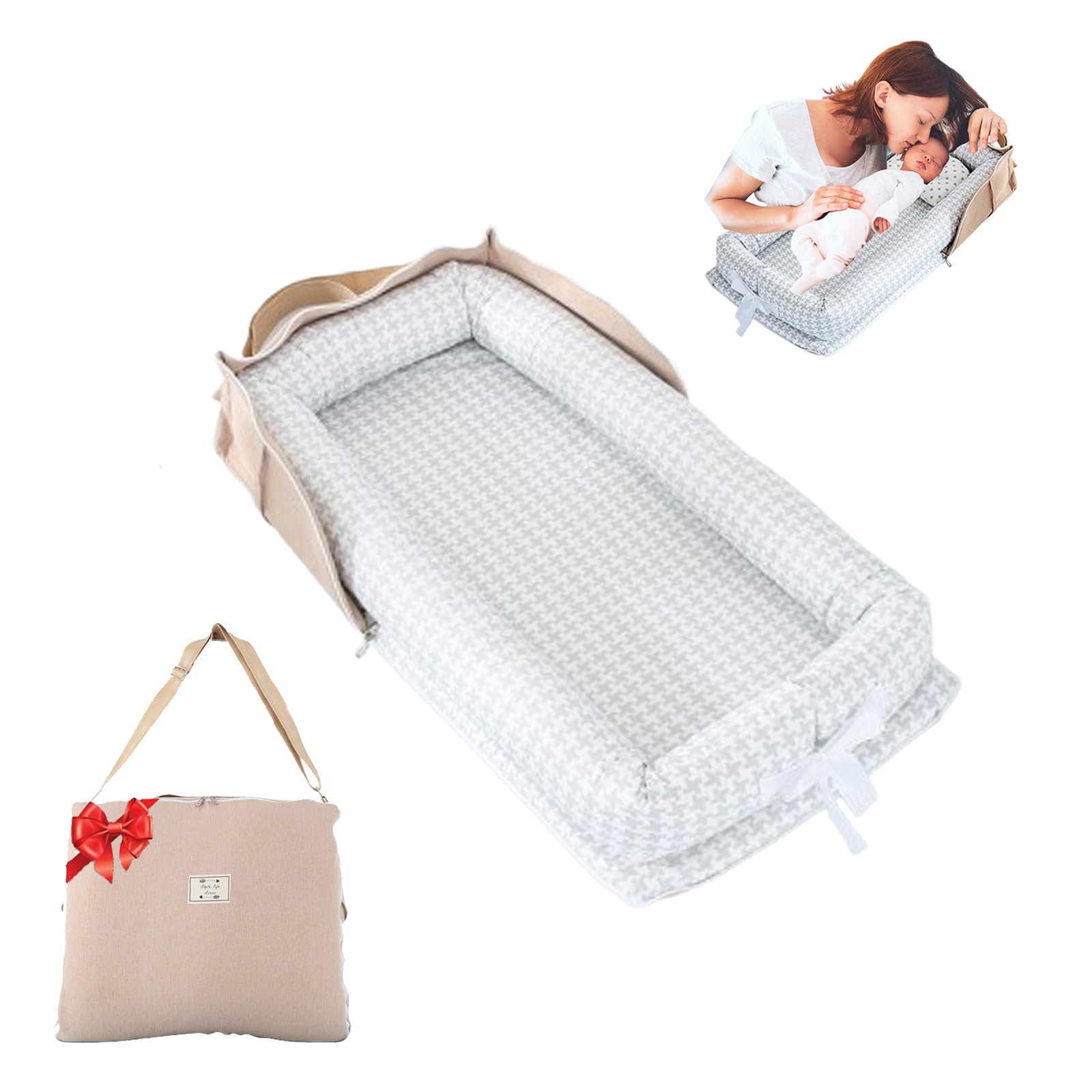 Loevin baby lounger gray thousand bird check side view for newborn comfort