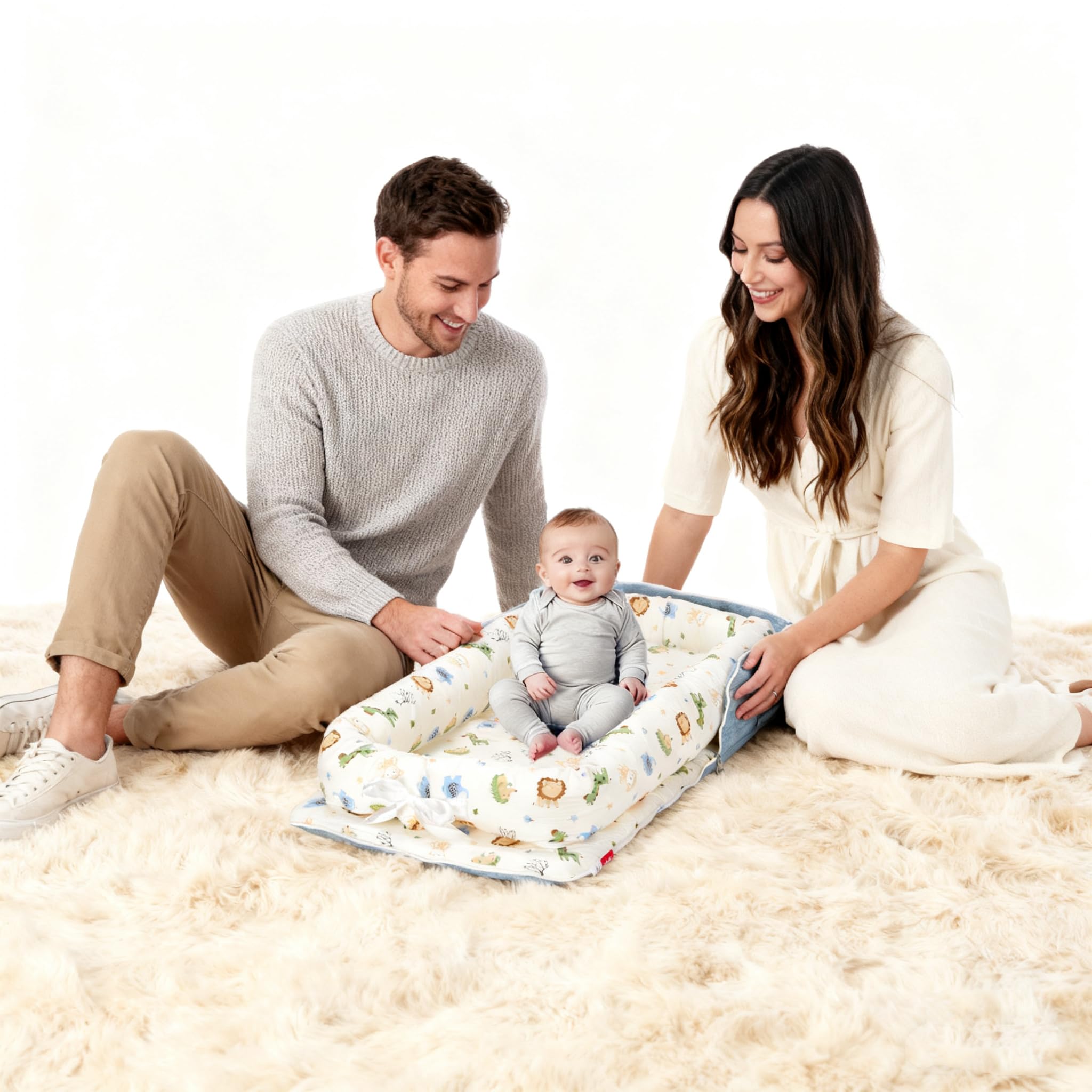 Loevin Baby Lounger side view showing roomy space for growing babies