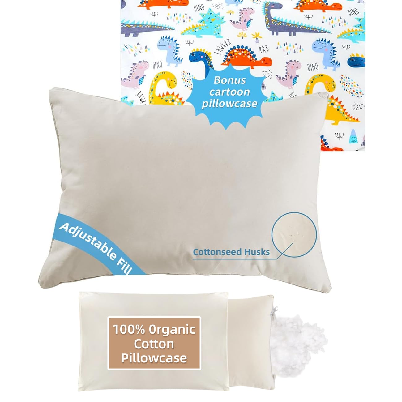 LOFE Organic Plilow with dinosaur pillowcase shows adjustable height for kids' neck support.