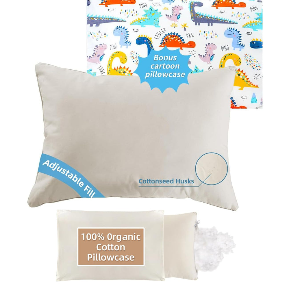 LOFE Organic Plilow with dinosaur pillowcase shows adjustable height for kids' neck support.