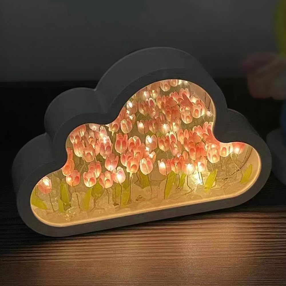 LOGAZOO tulip lamp with pink petals and mirror glow for cozy bedroom ambience