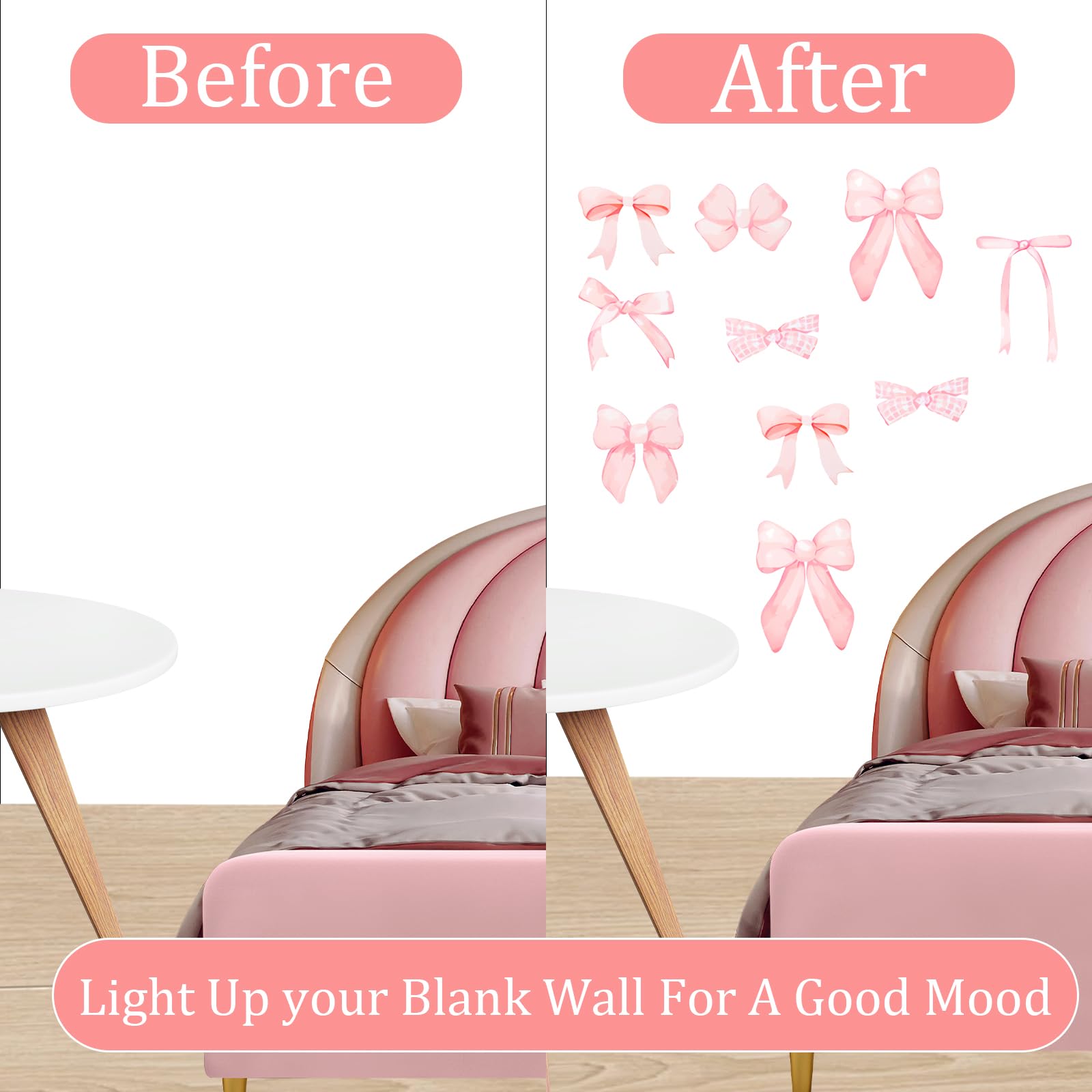 Loghohu pink bow sticker matte finish texture reduces glare on walls.