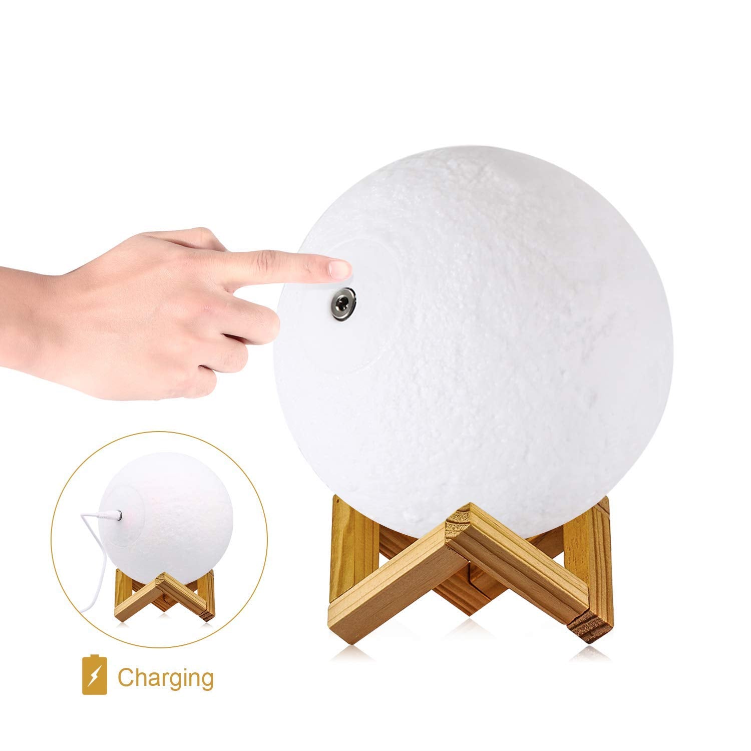 LOGROTATE moon lamp charging cord close-up shows connector and durable build