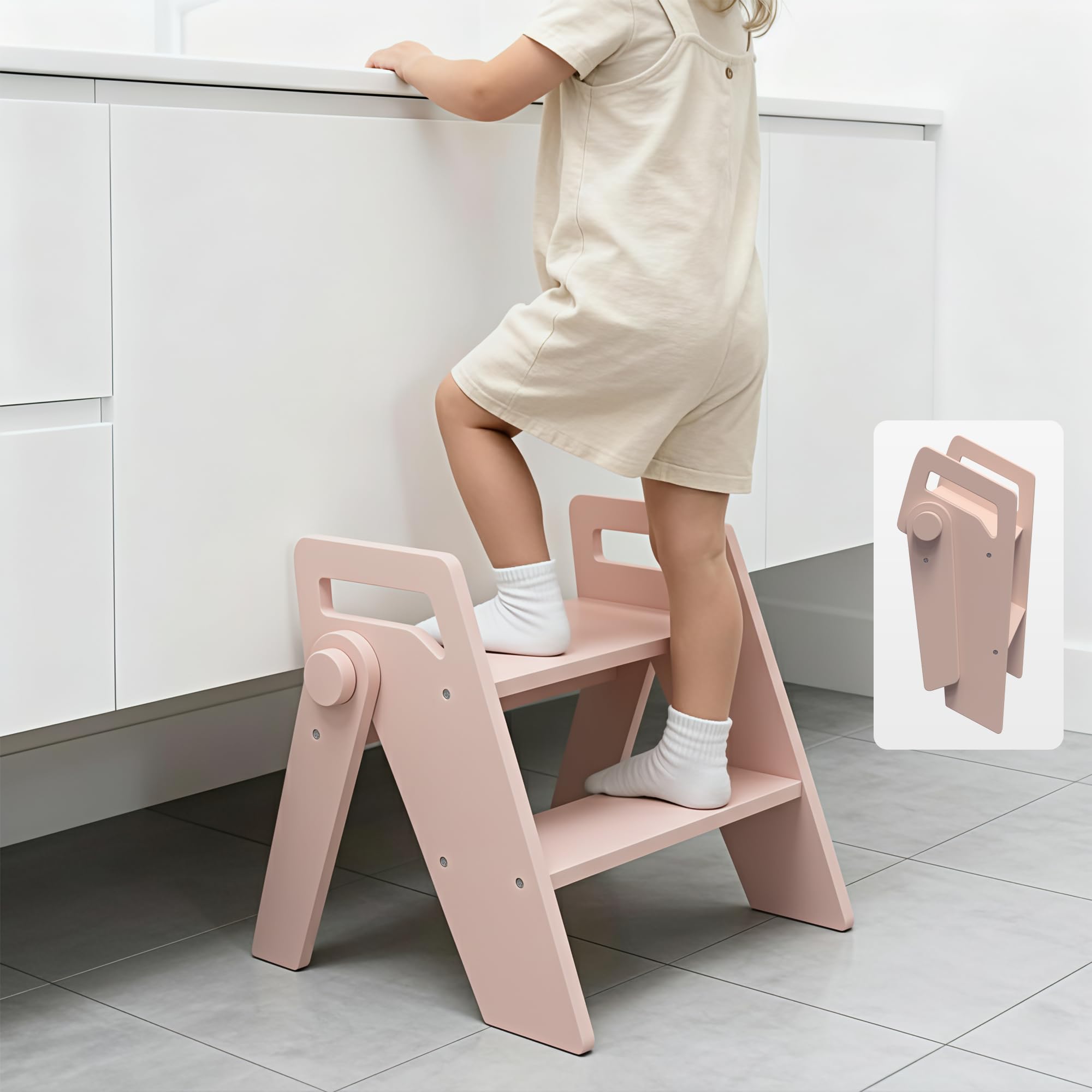 LOHASOK wooden 2-step stool folded for compact storage beside the sink.