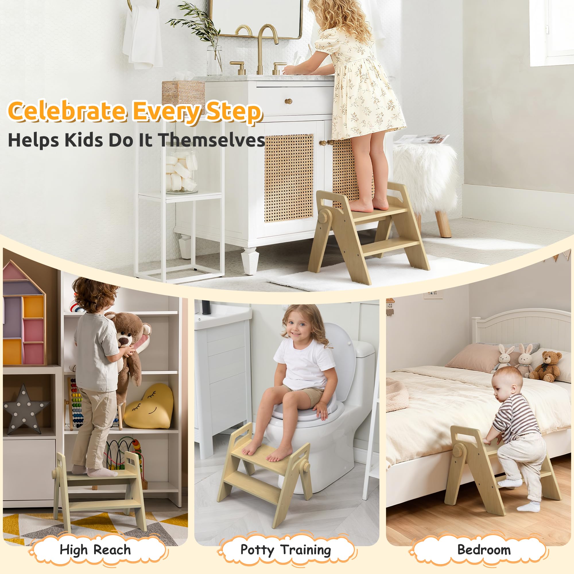 LOHASOK wooden 2-step stool front angle for easy sink access