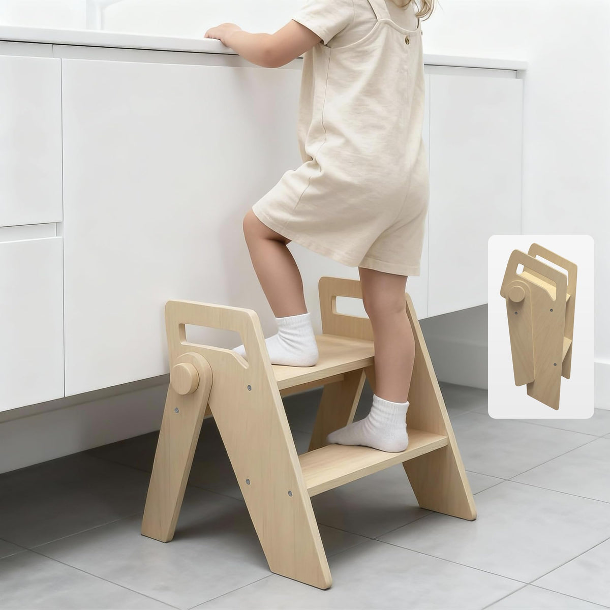 LOHASOK wooden 2-step stool side view shows stability and grip for kids