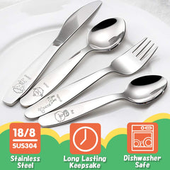 Lohodo kids silverware 18/8 stainless steel close-up highlights durable, safe daily use.