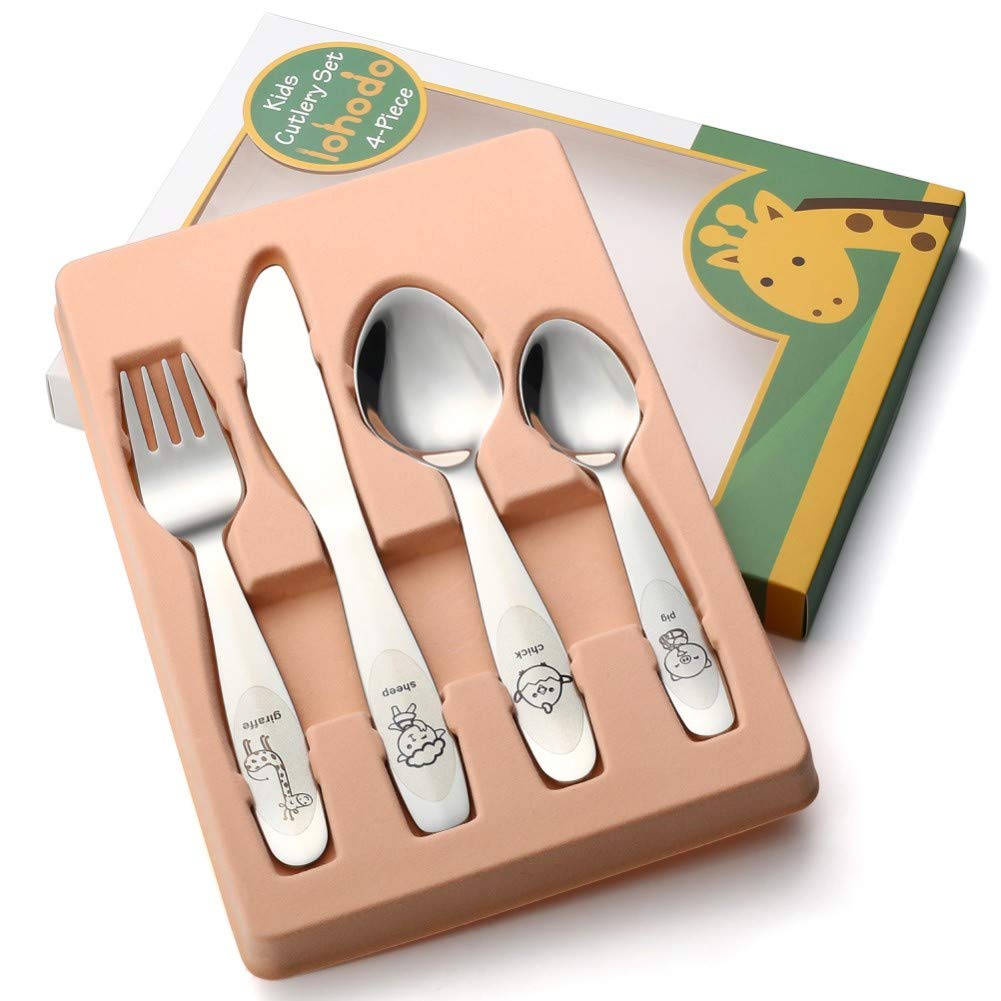 Lohodo kids silverware 4pcs set with fork, spoon and knife for independent toddler meals.