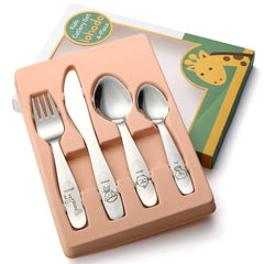 Lohodo kids silverware 4pcs set with fork, spoon and knife for independent toddler meals.