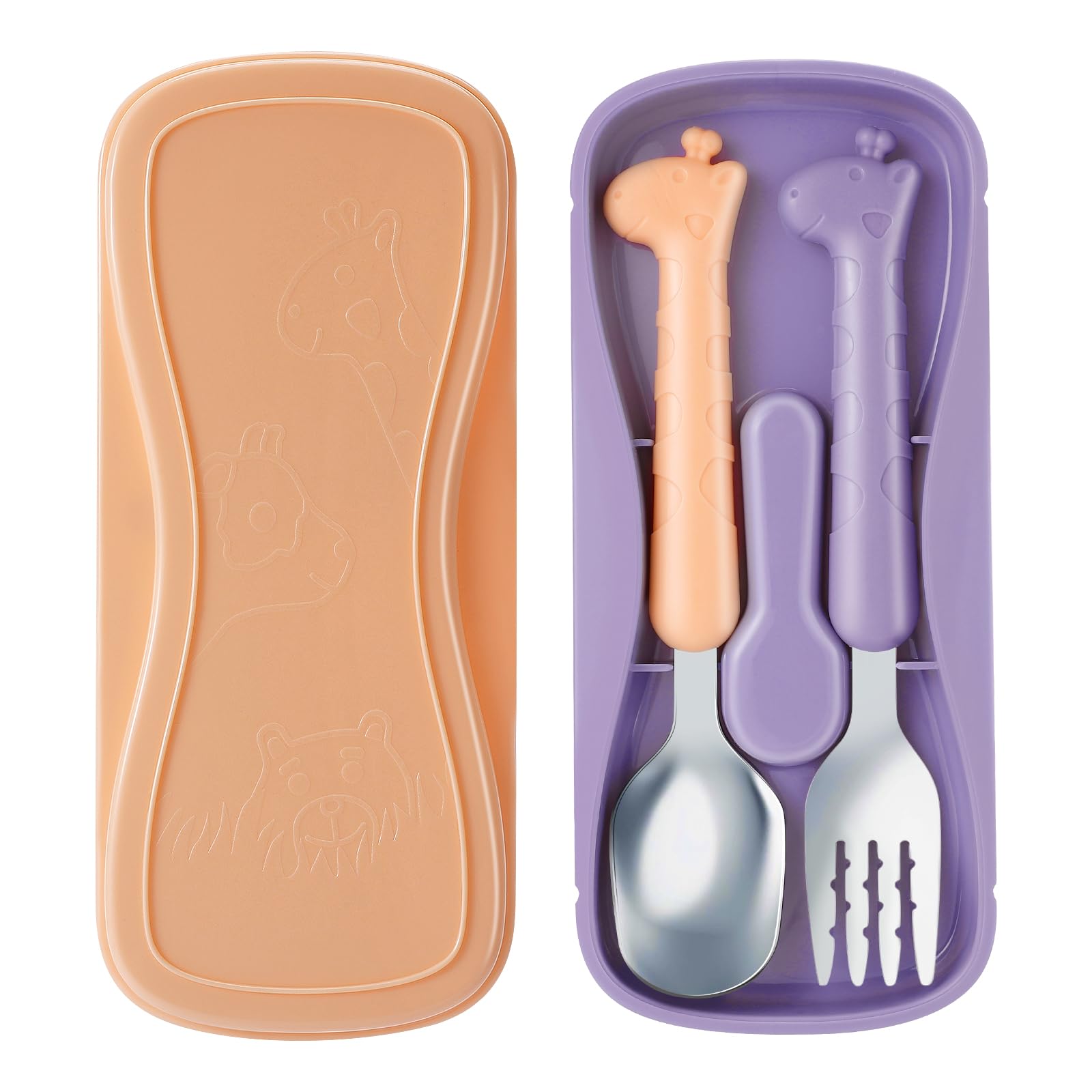 lohodo toddler utensils with pink-purple giraffe pattern on handles encourage independent feeding