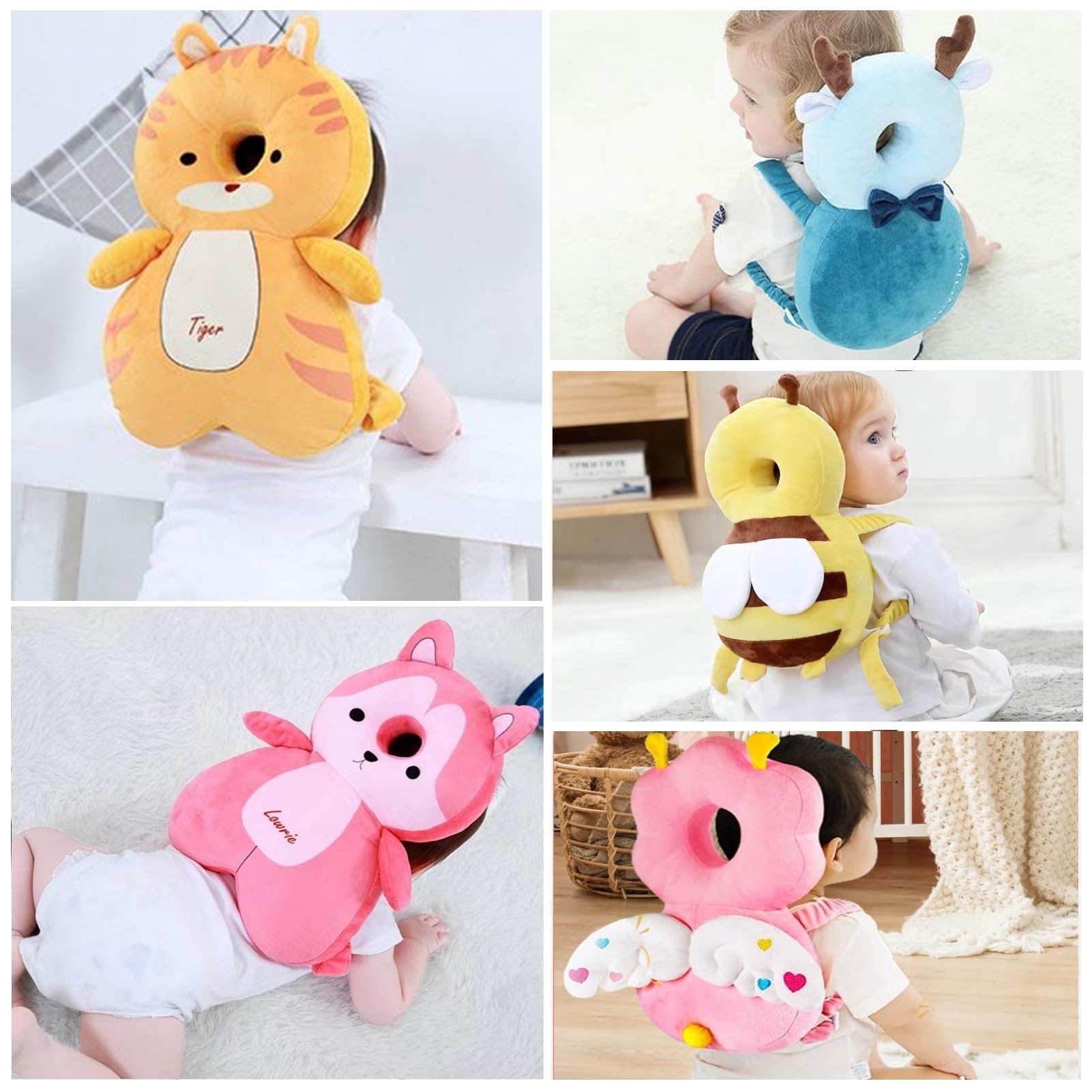 Loisdaro head protector adjustable plush straps on a baby during learning to walk.