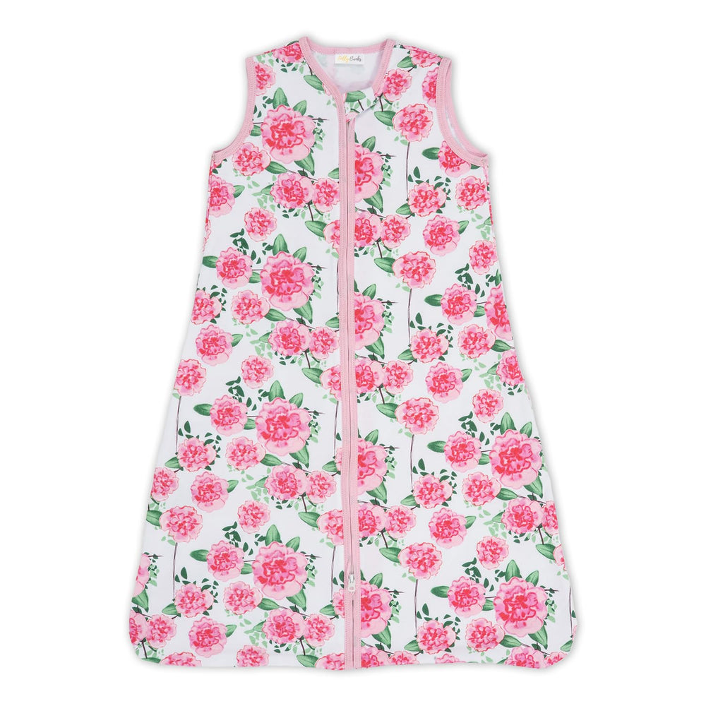 LollyBanks baby sleep sack front view with Peony pattern creates a calming nursery aesthetic
