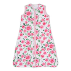 LollyBanks baby sleep sack front view with Peony pattern creates a calming nursery aesthetic