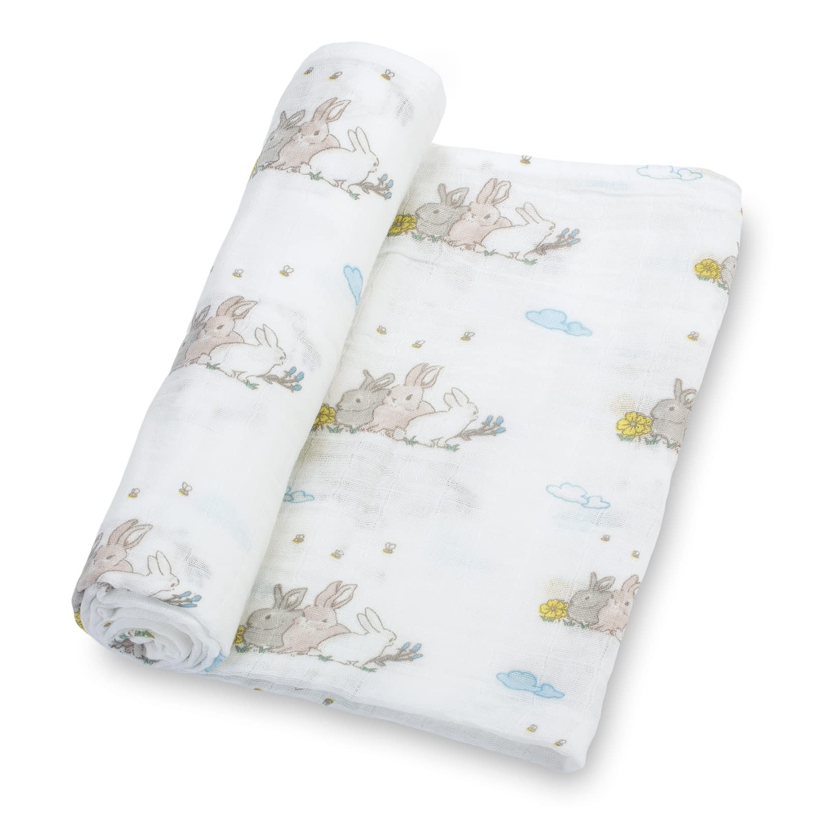 LollyBanks 100% cotton muslin swaddle with rabbit print, front view for cozy newborn cuddles.