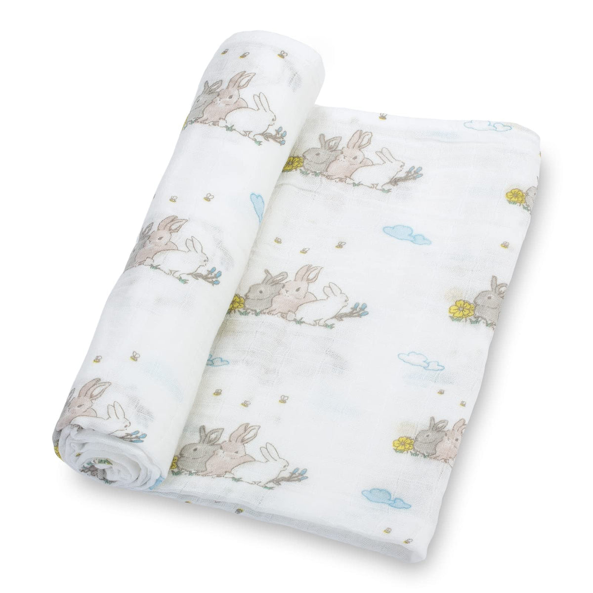 LollyBanks 100% cotton muslin swaddle with rabbit print, front view for cozy newborn cuddles.