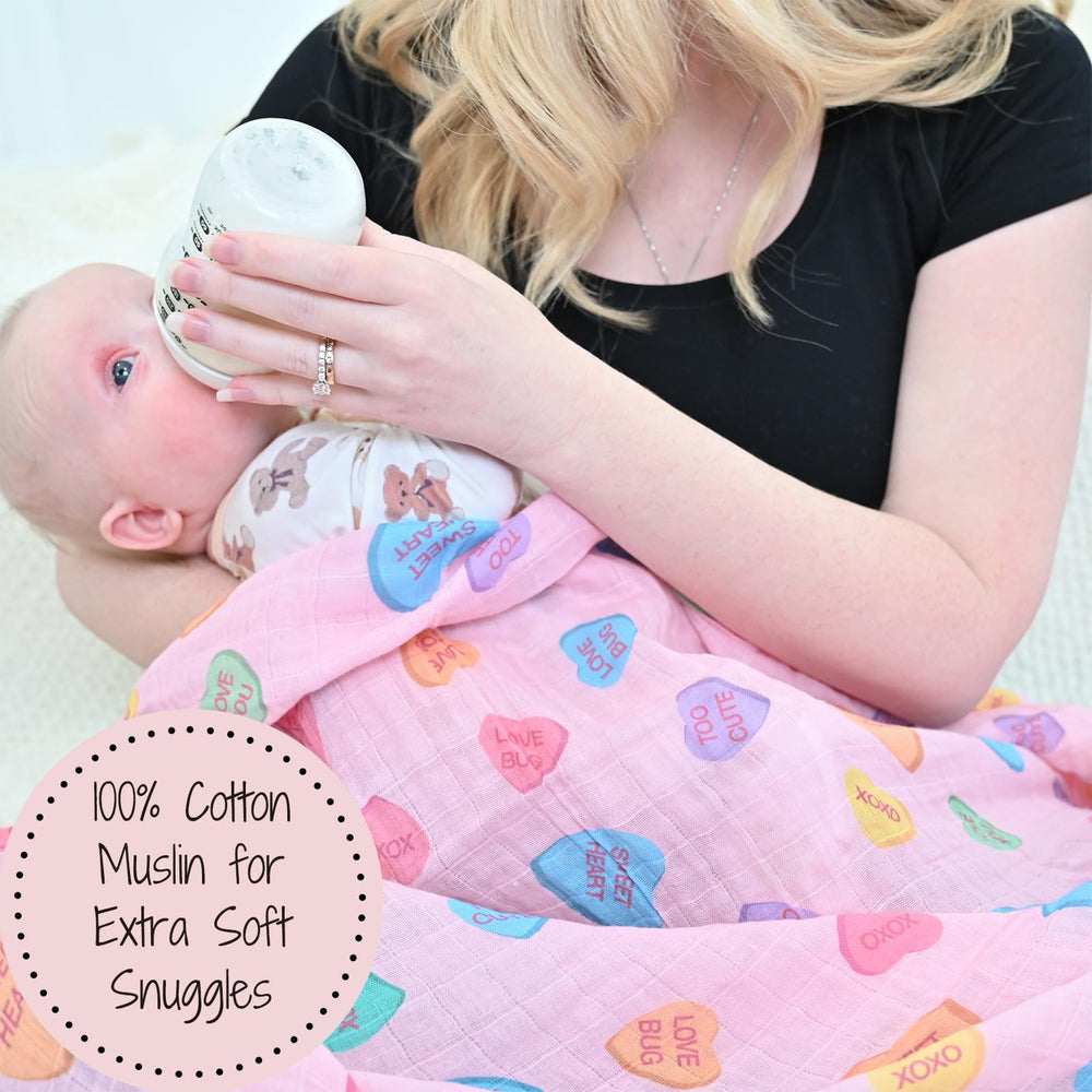 LollyBanks baby blanket heart print closeup fabric highlights breathable cotton texture.