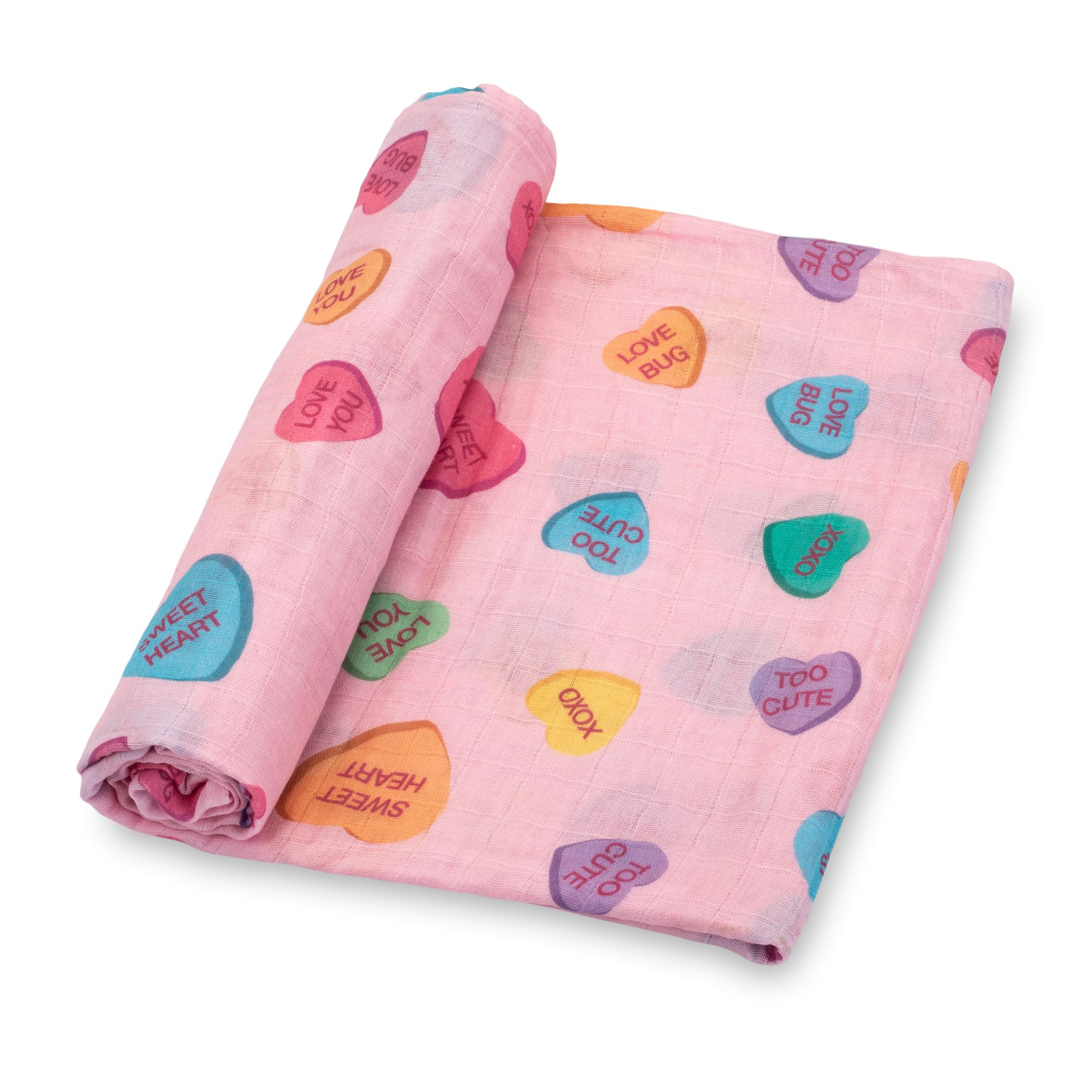 LollyBanks baby blanket heart print flatlay shows soft muslin for gentle snuggles.